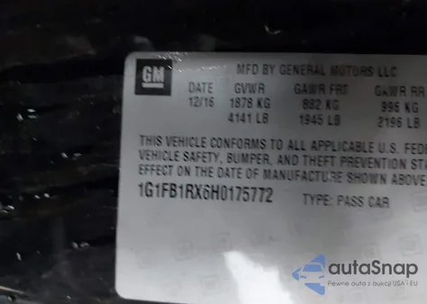 2017 Chevrolet Camaro 1Lt из США, поврежденный, VIN 1G1FB1RX6H0175772